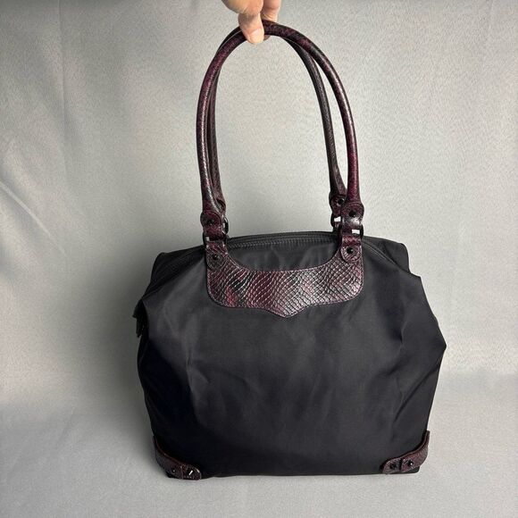 Rebecca Minkoff Purse Shoulder Bag Black Nylon Tote with Red Snakeskin & Spikes - Picture 6 of 12